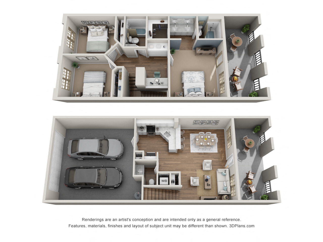 Floor plan for 3 beds, 2.5 baths, 1245 sqft